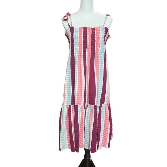 Tanya Taylor Dress Size XL Pink Stripe Smocked Leandra Sleeveless NWT Sundress - Picture 2 of 9